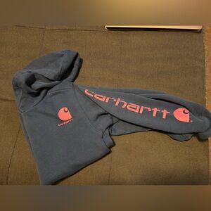 Girls Carhartt Blue Hoodie with Pink Logo